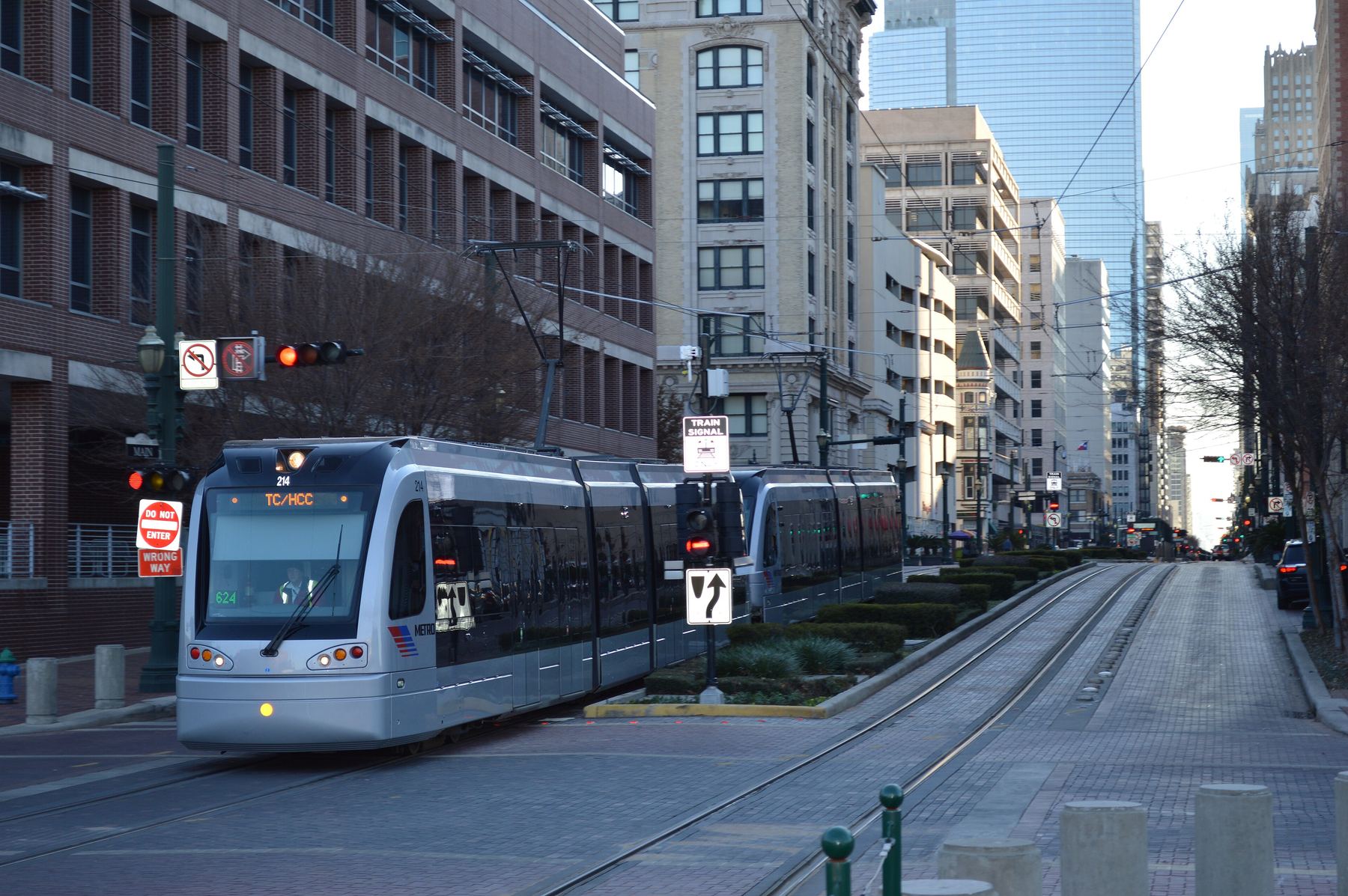 METRORail train in downtown Houston